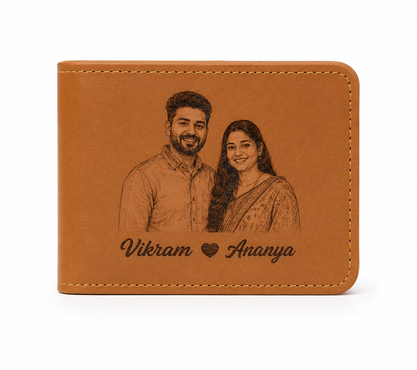 Personalized Tan Leather Wallet with Custom Sketch Engraving and Names