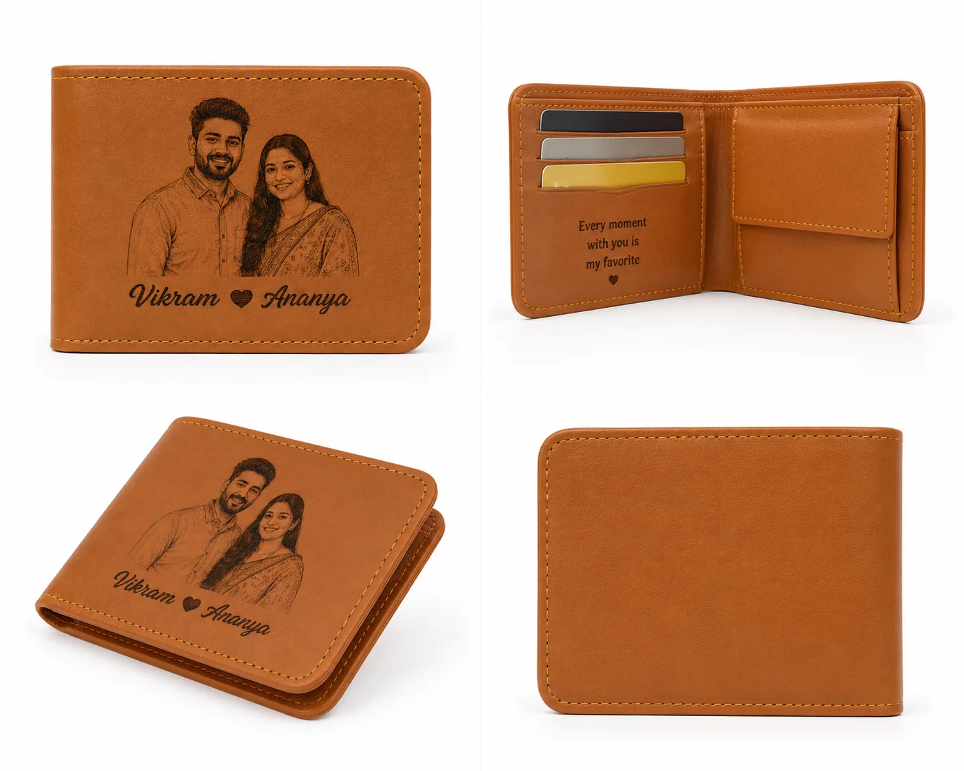 Personalized Tan Leather Wallet with Custom Sketch Engraving and Names - Image 2