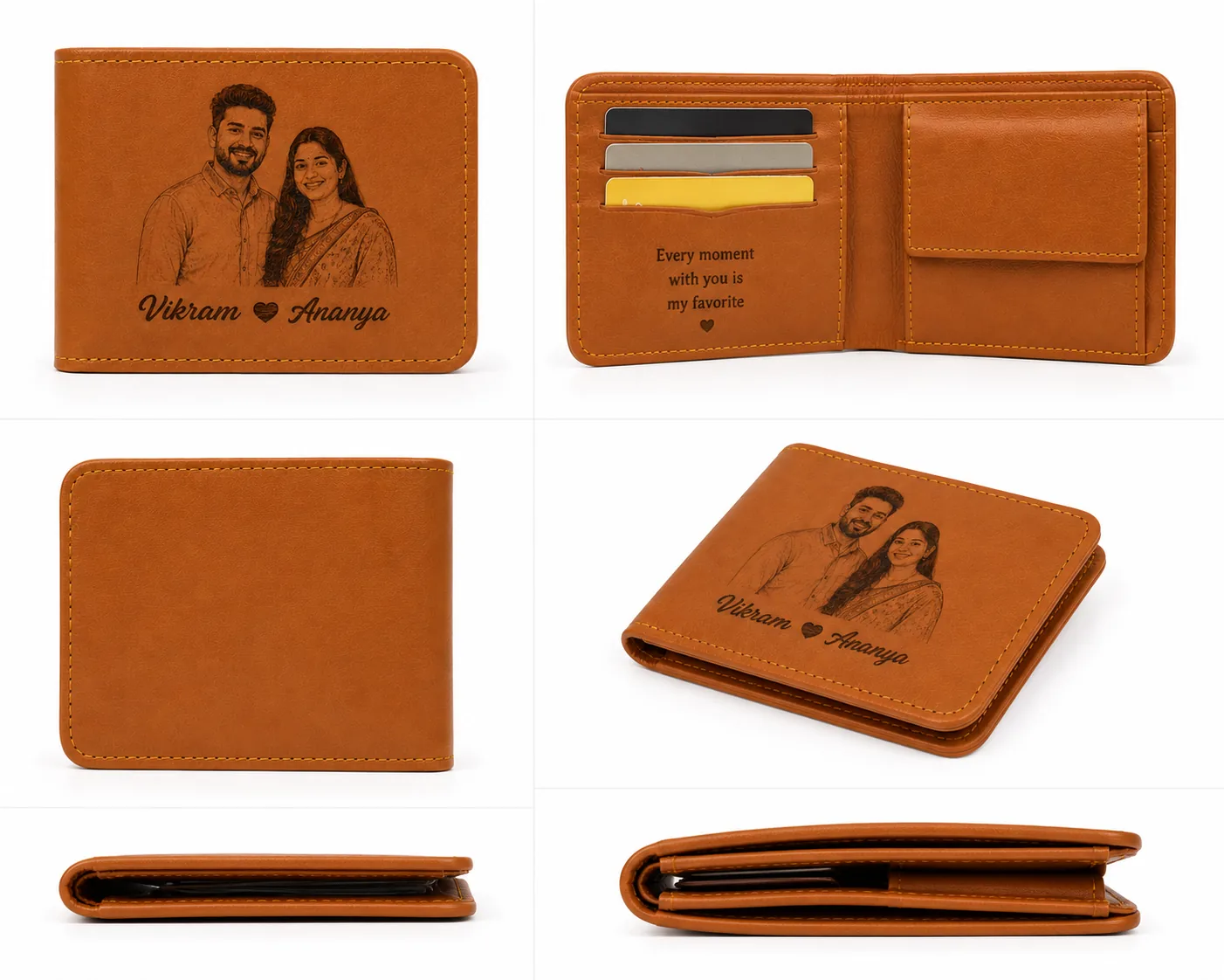 Personalized Tan Leather Wallet with Custom Sketch Engraving and Names - Image 4