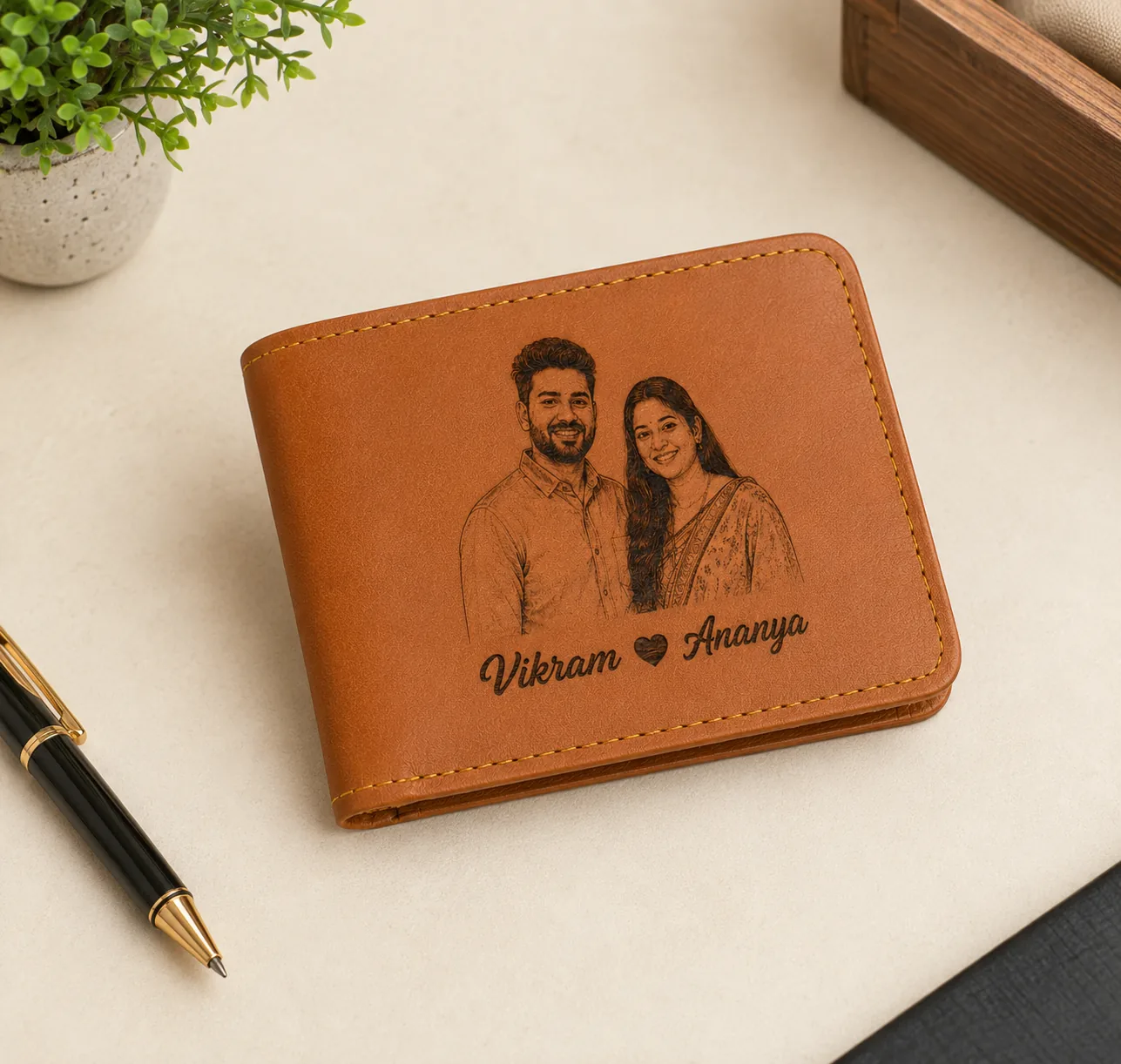 Personalized Tan Leather Wallet with Custom Sketch Engraving and Names - Image 3