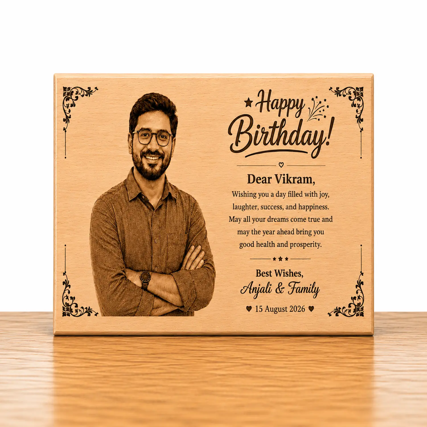 Laser-Engraved Wooden Plaque with Photo and Message