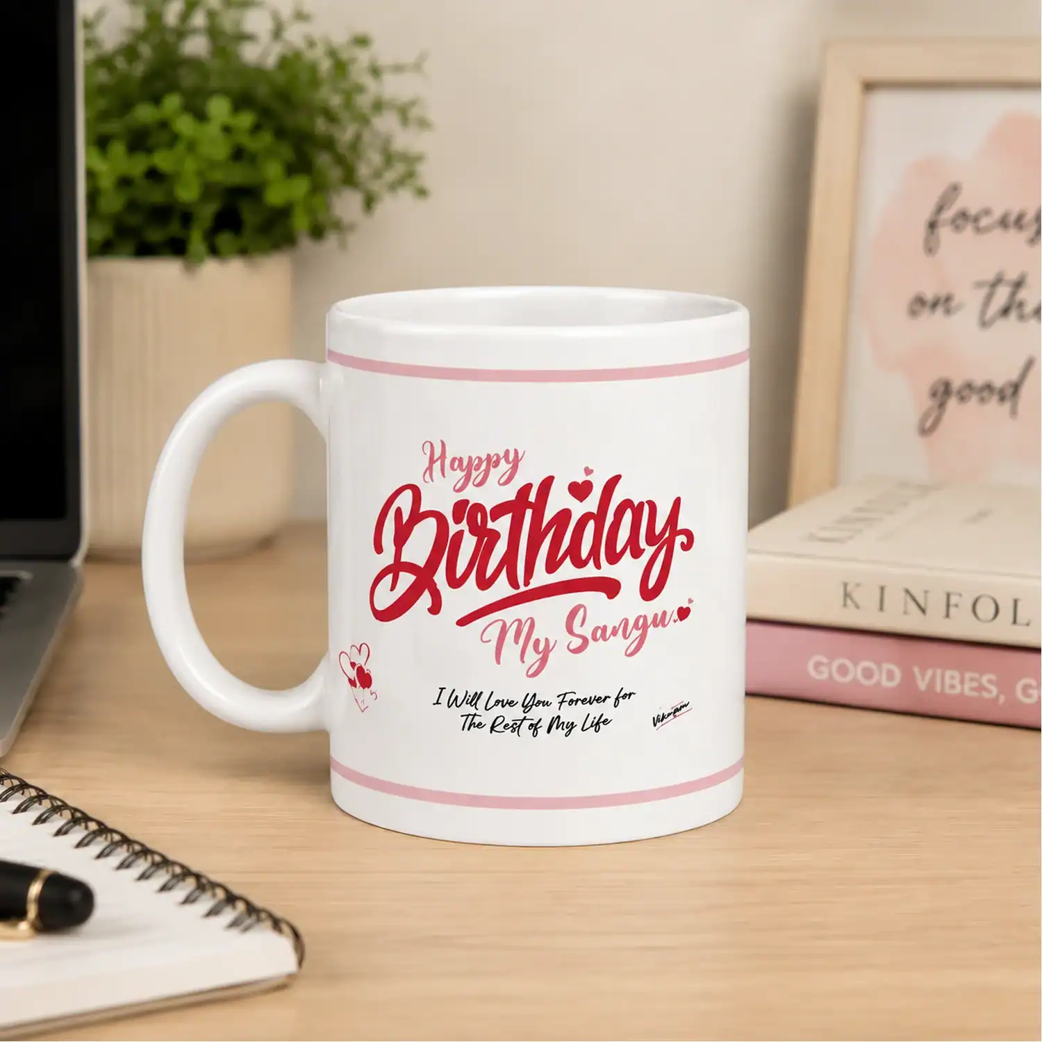 White Ceramic Mug with "Happy Birthday" Script & Personalized Text - Image 2