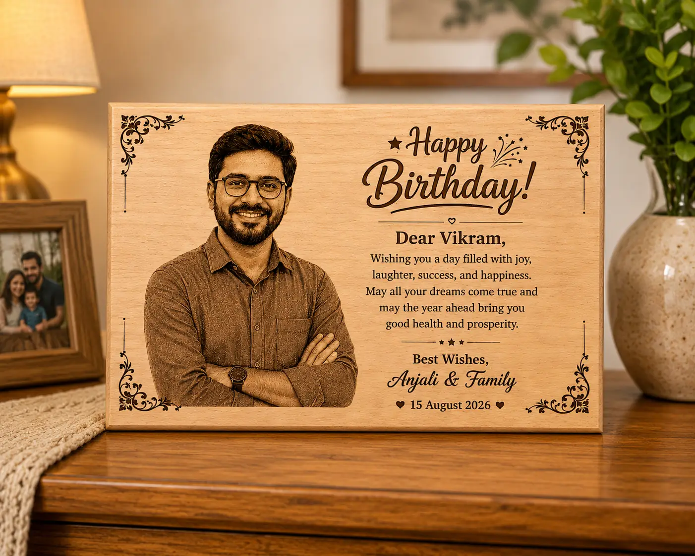 Laser-Engraved Wooden Plaque with Photo and Message - Image 3