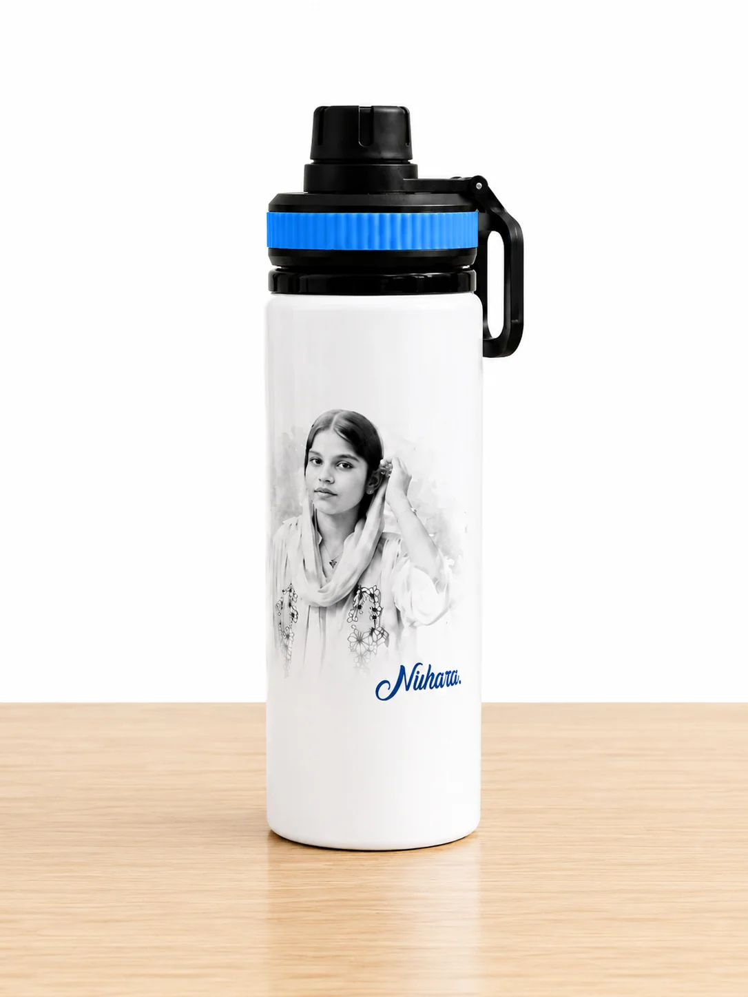 Personalized White Sipper Bottle with Black-and-White Printed Photo & Name