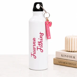 White Aluminum Bottle with Pink Cursive Name and Matching Keychain