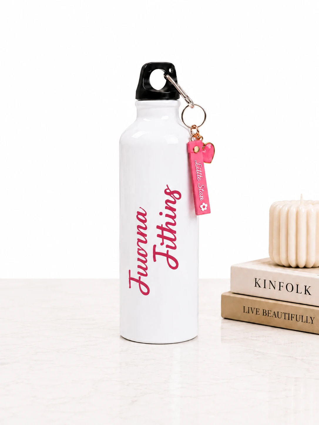 White Aluminum Bottle with Pink Cursive Name and Matching Keychain