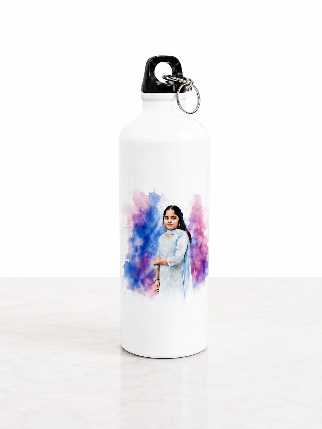 Personalized White Metal Bottle with Photo Print With Watercolor Effects