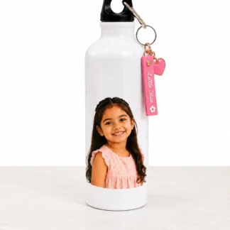 Personalized White Aluminum Bottle with Custom Photo and Pink Keychain