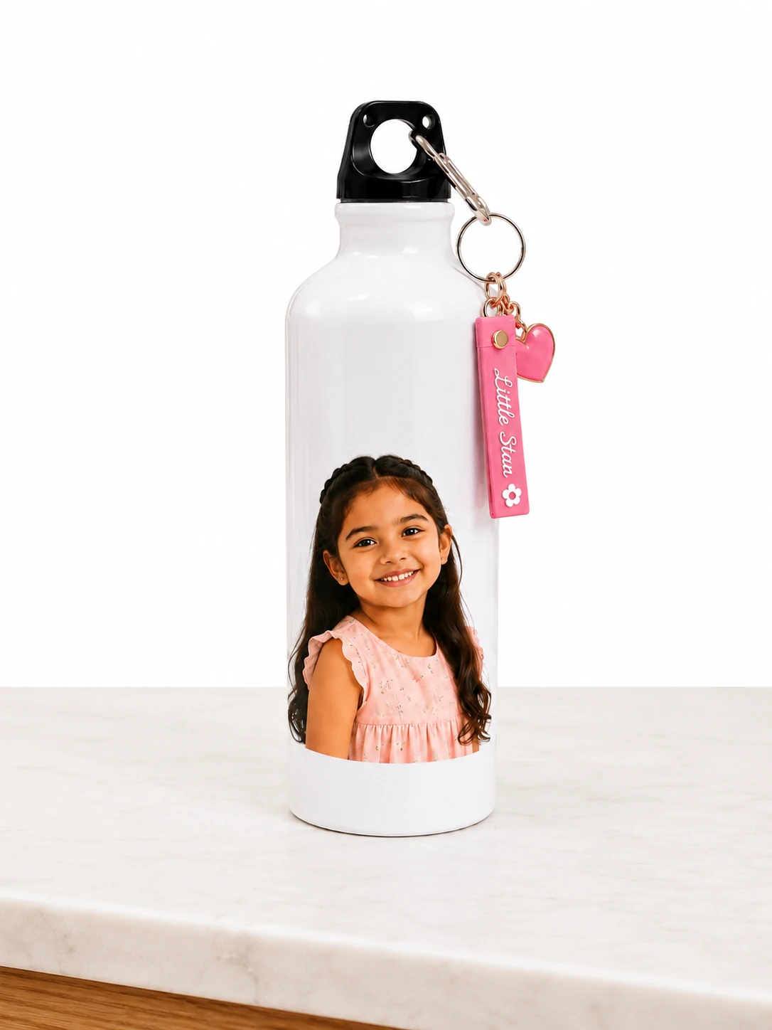 Personalized White Aluminum Bottle with Custom Photo and Pink Keychain
