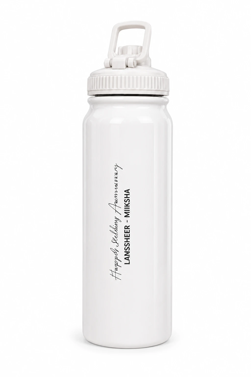 White Stainless Steel Water Bottle with Custom Engraving with Text - Image 4
