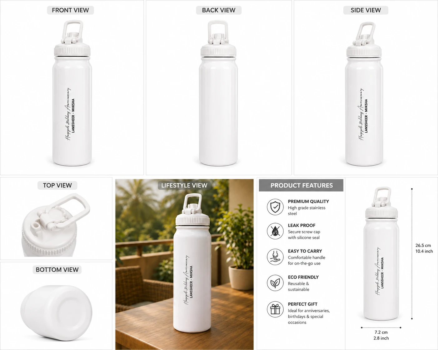 White Stainless Steel Water Bottle with Custom Engraving with Text - Image 3