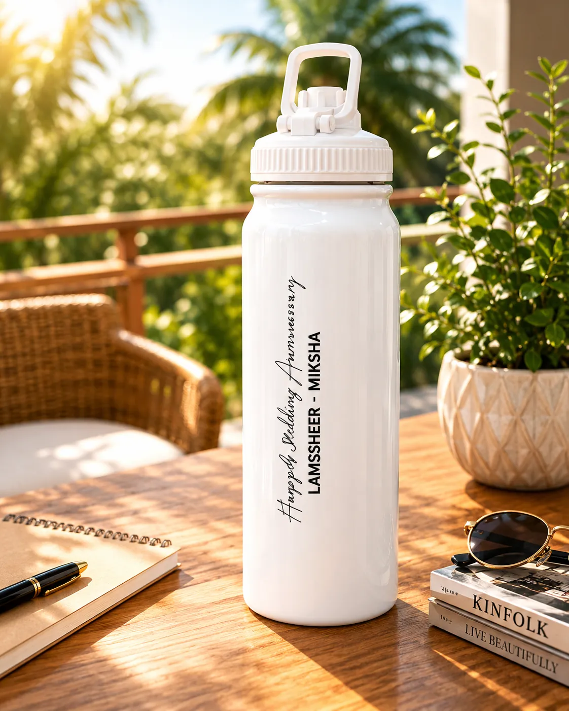 White Stainless Steel Water Bottle with Custom Engraving with Text - Image 2