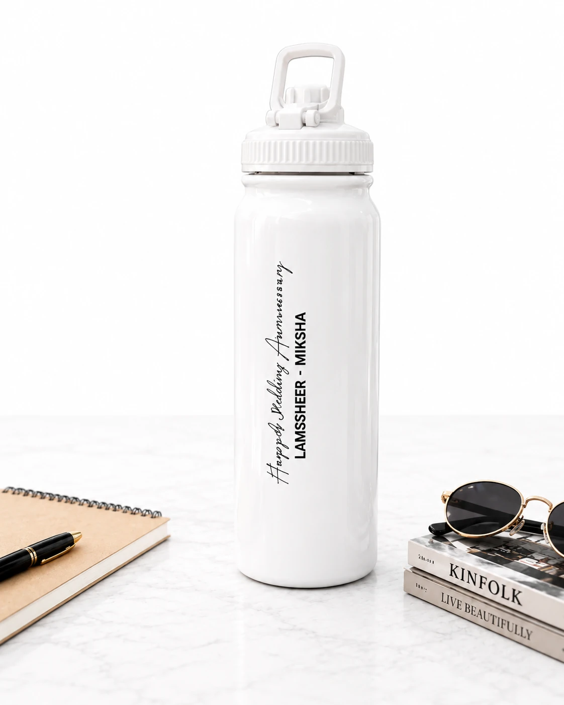 White Stainless Steel Water Bottle with Custom Engraving with Text